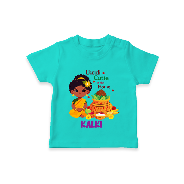 Ugadi Cutie in the House Girl Illustration– Personalized   T-shirt - TEAL - 0-5 Months Old (Chest 17")