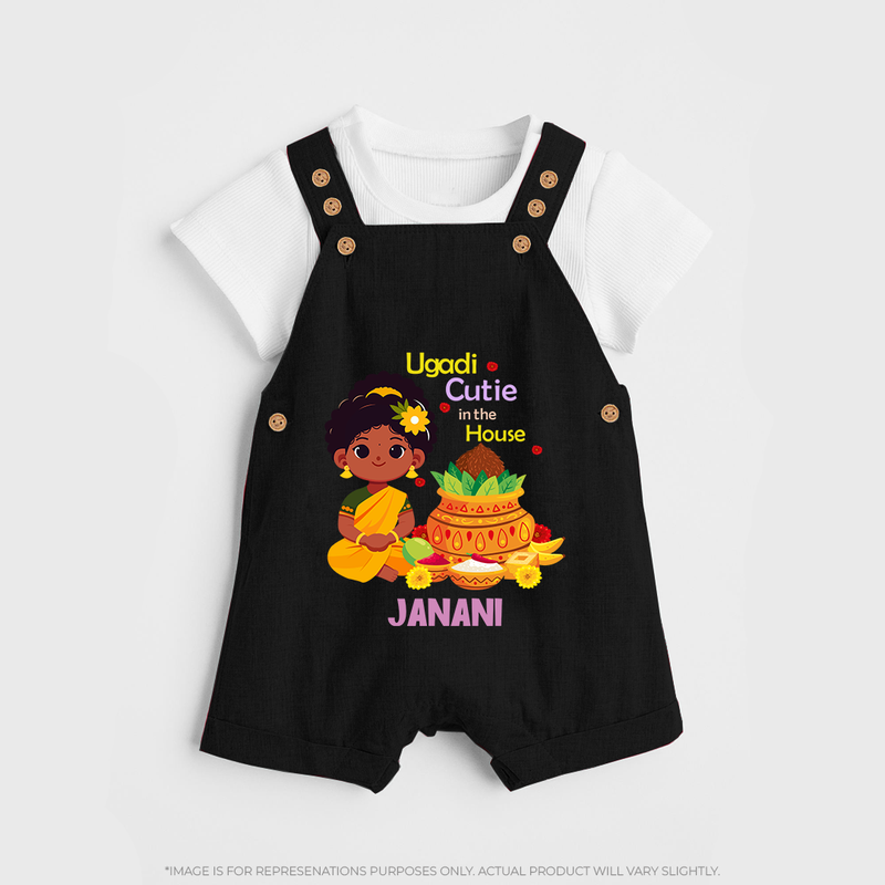 Ugadi Cutie In The House - Happy Ugadi Themed Customized Dungaree Set For Kids With Name - BLACK - 0 - 5 Months Old (Chest 18")