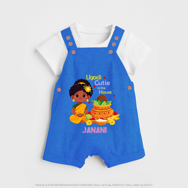 Ugadi Cutie In The House - Happy Ugadi Themed Customized Dungaree Set For Kids With Name - COBALT BLUE - 0 - 5 Months Old (Chest 18")