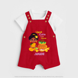 Ugadi Cutie In The House - Happy Ugadi Themed Customized Dungaree Set For Kids With Name - RED - 0 - 5 Months Old (Chest 18")