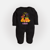 Ugadi Cutie in the House Girl Illustration– Personalized Baby Fullbody Suit - BLACK - New Born (Chest 7.5")