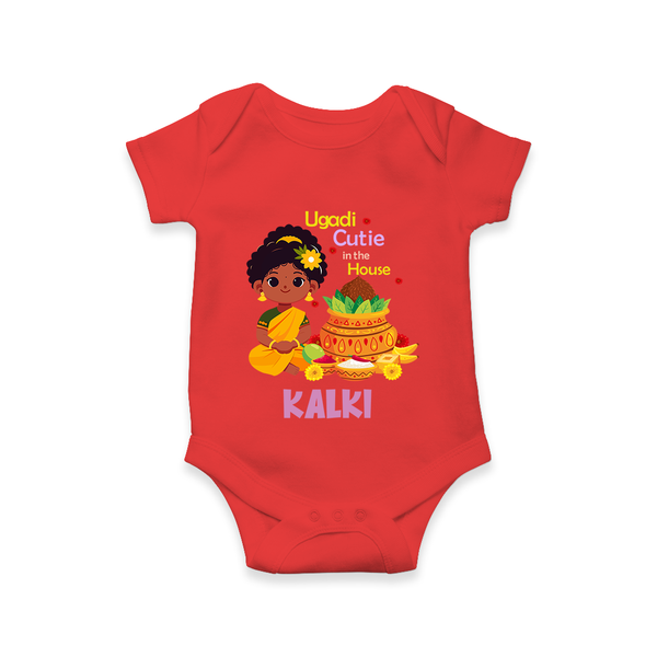 Ugadi Cutie in the House Girl Illustration– Personalized Baby Romper - RED - New Born (Chest 14")