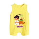 Ugadi Cutie in the House Boy Illustration – Personalized Baby Romper Suit - PASTEL YELLOW - 0 - 5 Months Old (Chest 18")
