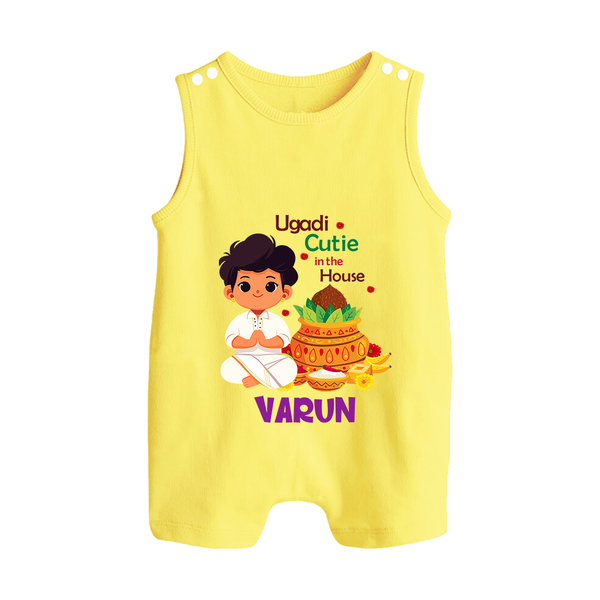 Ugadi Cutie in the House Boy Illustration – Personalized Baby Romper Suit - PASTEL YELLOW - 0 - 5 Months Old (Chest 18")