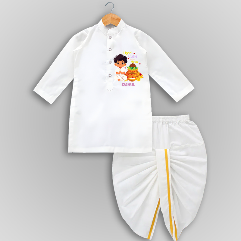 Ugadi Cutie In The House - Ugadi Themed Customized Drapped Dhoti For Kids With Name - WHITE - 0 - 6 Month Old (Chest 24", Kurta Length 14" , Waist 19", Dhoti Length 14")