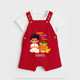 Ugadi Cutie In The House - Ugadi Themed Customized Dungaree Set For Kids With Name - RED - 0 - 5 Months Old (Chest 18")