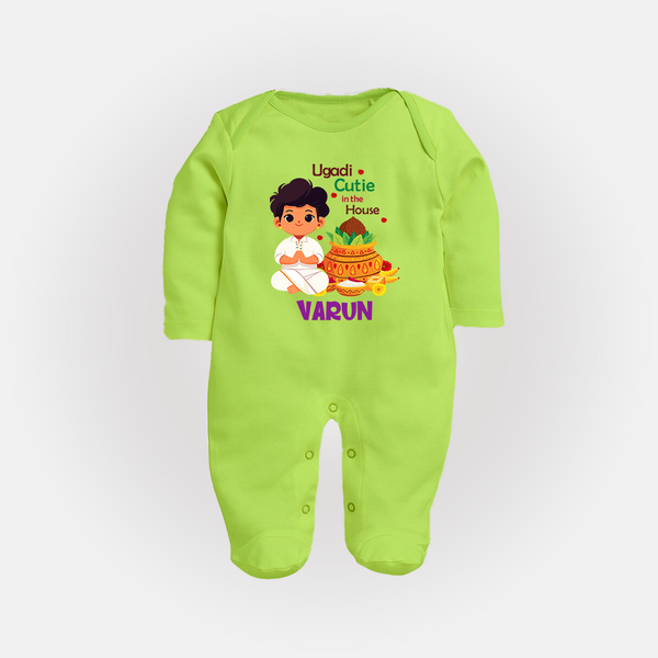 Ugadi Cutie in the House Boy Illustration – Personalized Baby Fullbody Suit - LIME GREEN - New Born (Chest 7.5")