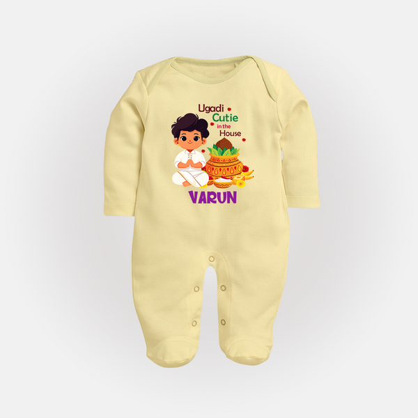 Ugadi Cutie in the House Boy Illustration – Personalized Baby Fullbody Suit - PASTEL YELLOW - New Born (Chest 7.5")