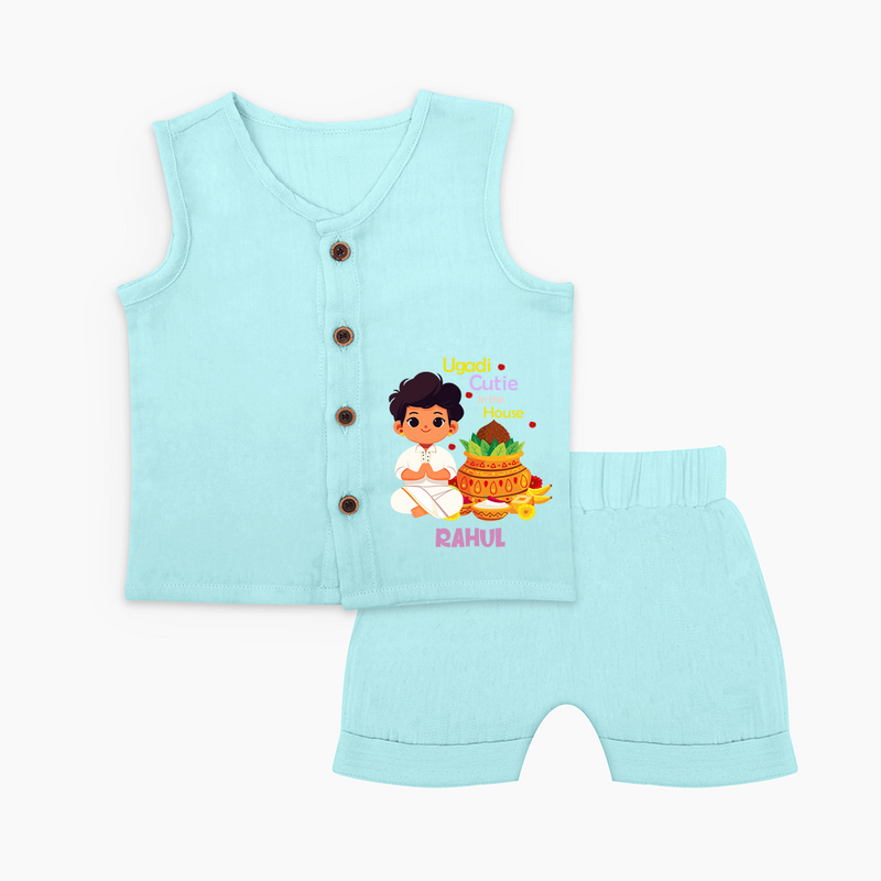 Ugadi Cutie In The House - Ugadi Themed Customized Jabla Set For Babies With Name - BABY BLUE - 0 - 3 Months Old (Chest 9.8")