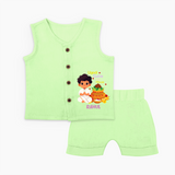 Ugadi Cutie In The House - Ugadi Themed Customized Jabla Set For Babies With Name - PASTEL GREEN - 0 - 3 Months Old (Chest 9.8")