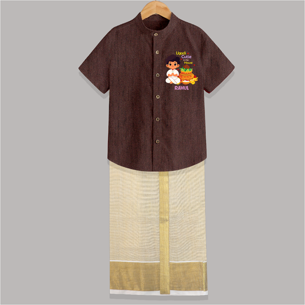 Ugadi Cutie In The House - Ugadi Themed Customized Shirt And Dhoti For Kids With Name - COFFEE BROWN - 0 - 6 Months Old (Chest-23") (Dhoti length-14")