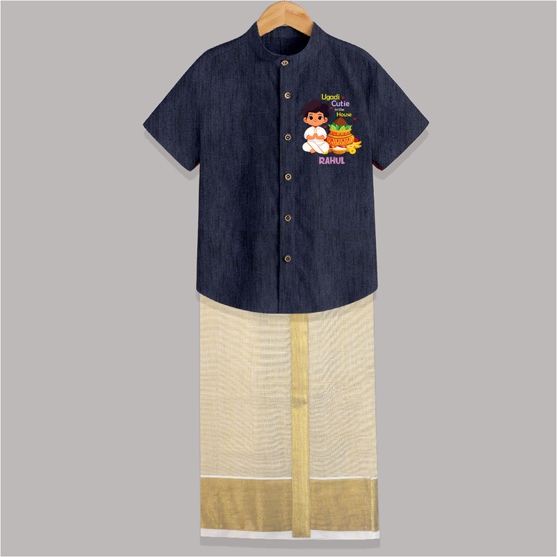 Ugadi Cutie In The House - Ugadi Themed Customized Shirt And Dhoti For Kids With Name - DARK BLUE - 0 - 6 Months Old (Chest-23") (Dhoti length-14")