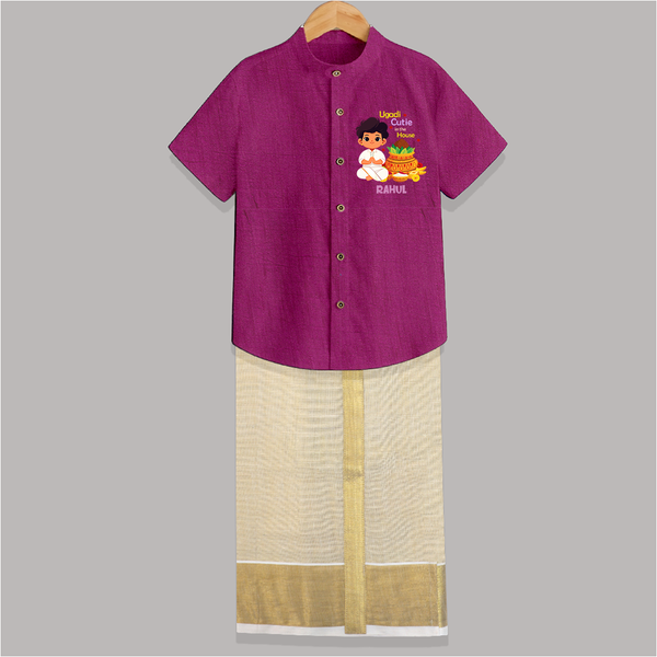 Ugadi Cutie In The House - Ugadi Themed Customized Shirt And Dhoti For Kids With Name - MAGENTA - 0 - 6 Months Old (Chest-23") (Dhoti length-14")