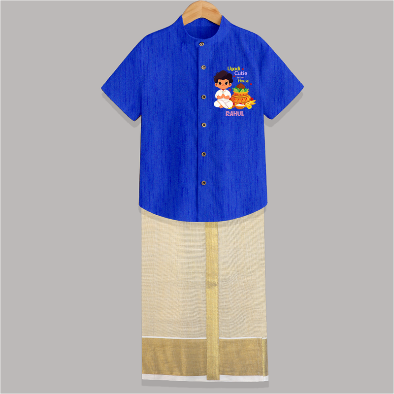 Ugadi Cutie In The House - Ugadi Themed Customized Shirt And Dhoti For Kids With Name - ROYAL BLUE - 0 - 6 Months Old (Chest-23") (Dhoti length-14")