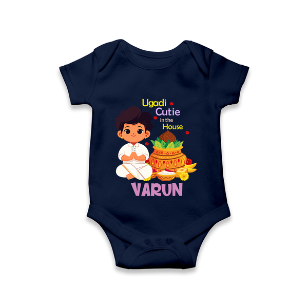 Ugadi Cutie in the House Boy Illustration – Personalized Baby Romper - NAVY BLUE - New Born (Chest 14")