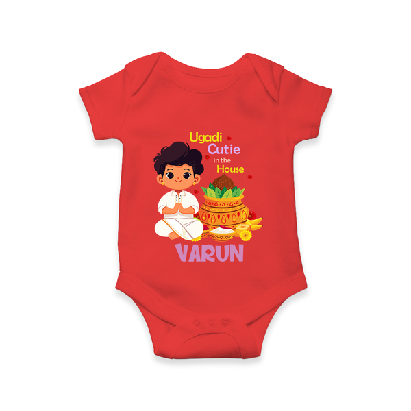 Ugadi Cutie in the House Boy Illustration – Personalized Baby Romper - RED - New Born (Chest 14")