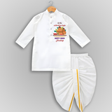  Let The Celebrations Begin - Ugadi Themed Customized Drapped Dhoti For Kids With Name - WHITE - 0 - 6 Month Old (Chest 24", Kurta Length 14" , Waist 19", Dhoti Length 14")