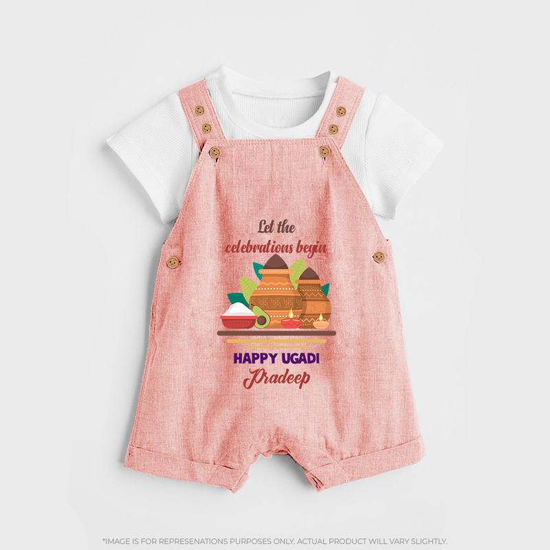  Let The Celebrations Begin - Ugadi Themed Customized Dungaree Set For Kids With Name - PEACH - 0 - 5 Months Old (Chest 18")