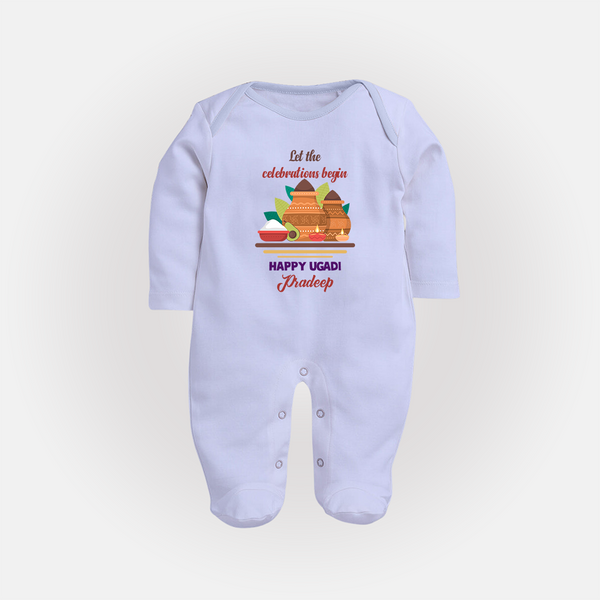  Let The Celebrations Begin - Ugadi Themed Customized Sleep Suit For Babies With Name - BABY BLUE - New Born (Chest 7.5")