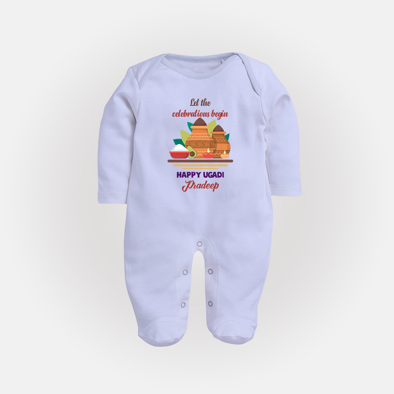  Let The Celebrations Begin - Ugadi Themed Customized Sleep Suit For Babies With Name - BABY BLUE - New Born (Chest 7.5")