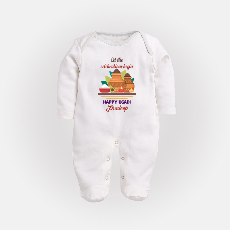  Let The Celebrations Begin - Ugadi Themed Customized Sleep Suit For Babies With Name - WHITE - New Born (Chest 7.5")