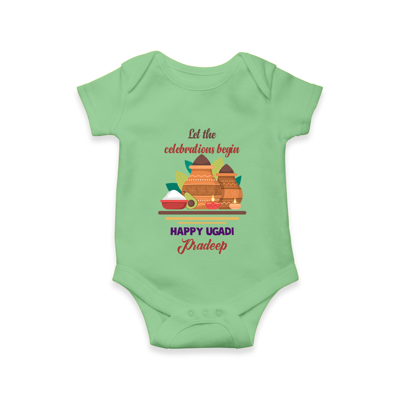  Let The Celebrations Begin - Ugadi Themed Customized Romper For Babies With Name - GREEN - 0 - 3 Months Old (Chest 16")