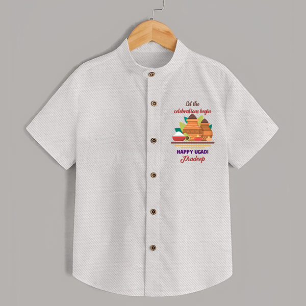  Let The Celebrations Begin - Ugadi Themed Customized Shirt For Kids With Name - WHITE - 0 - 6 Months Old (Chest 23")