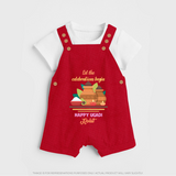  Let The Celebrations Begin - Ugadi Themed Customized Dungaree Set For Kids With Name - RED - 0 - 5 Months Old (Chest 18")