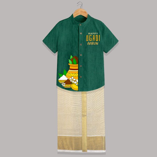 Happy Ugadi – Personalized Kids Festive Shirt and Dhoti - DARK GREEN - 0 - 6 Months Old (Chest-23") (Dhoti length-14")