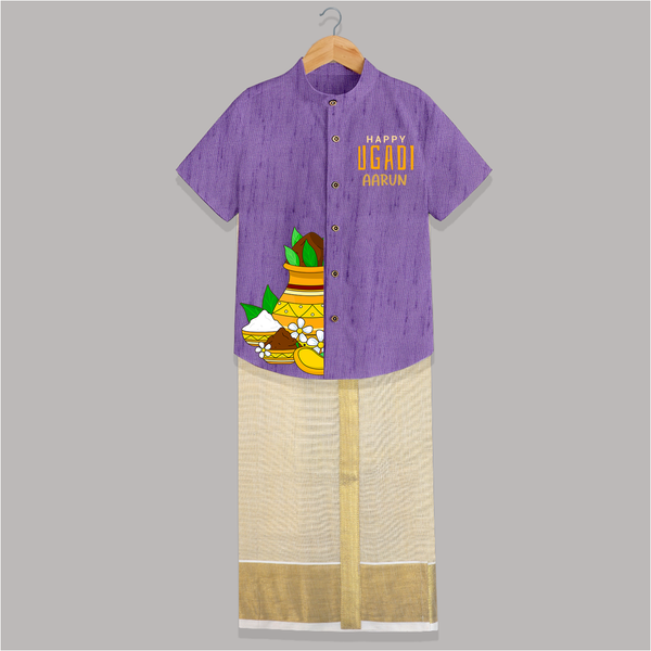 Happy Ugadi – Personalized Kids Festive Shirt and Dhoti - ROYAL PURPLE - 0 - 6 Months Old (Chest-23") (Dhoti length-14")