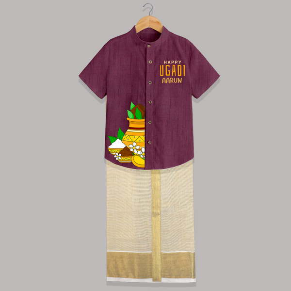 Happy Ugadi – Personalized Kids Festive Shirt and Dhoti - WINE - 0 - 6 Months Old (Chest-23") (Dhoti length-14")