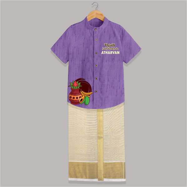 Happy Ugadi Personalized Kids Shirt and Dhoti | Custom Name Print - ROYAL PURPLE - 0 - 6 Months Old (Chest-23") (Dhoti length-14")