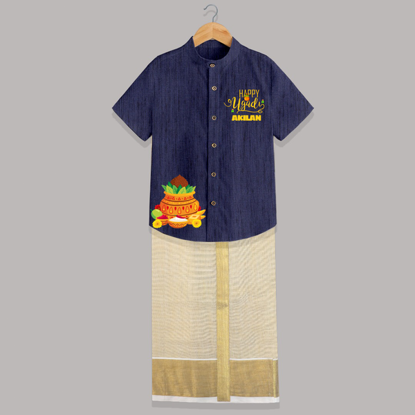 Ugadi Special – Personalized Kids Traditional Shirt and Dhoti - DARK BLUE - 0 - 6 Months Old (Chest-23") (Dhoti length-14")