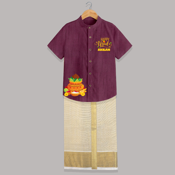 Ugadi Special – Personalized Kids Traditional Shirt and Dhoti - WINE - 0 - 6 Months Old (Chest-23") (Dhoti length-14")