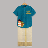Ugadi Cutie – Personalized Kids Shirt and Dhoti - PEACOCK BLUE - 0 - 6 Months Old (Chest-23") (Dhoti length-14")