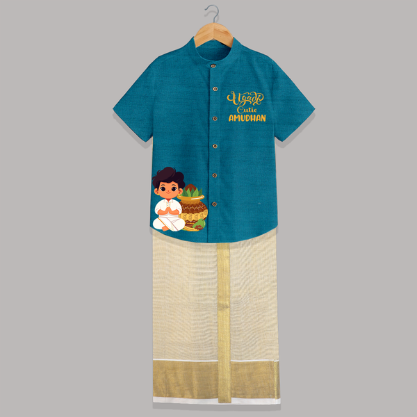 Ugadi Cutie – Personalized Kids Shirt and Dhoti - PEACOCK BLUE - 0 - 6 Months Old (Chest-23") (Dhoti length-14")