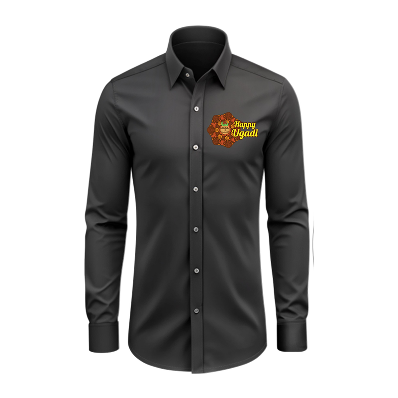 Happy Ugadi Celebrate Culture And Tradition With Our Customized Collared Full Sleeve Shirt For Adults - BLACK - S (Chest 40")