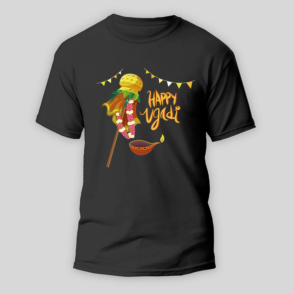 Happy Ugadi Celebrate With Love And Laughter With Our Customized T-Shirt For Adults - BLACK - S (Chest 19")