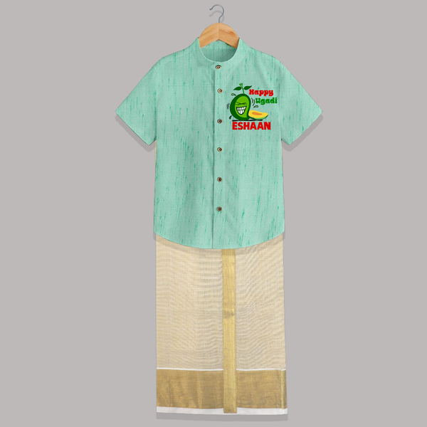 Happy Ugadi Fun Mango Kids Shirt & Dhoti - AQUA GREEN - 0 - 6 Months Old (Chest-23") (Dhoti length-14")