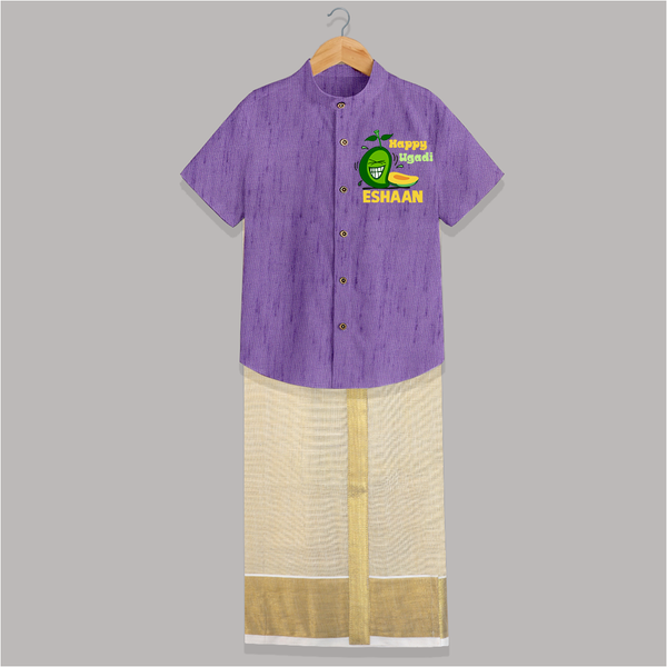 Happy Ugadi Fun Mango Kids Shirt & Dhoti - ROYAL PURPLE - 0 - 6 Months Old (Chest-23") (Dhoti length-14")