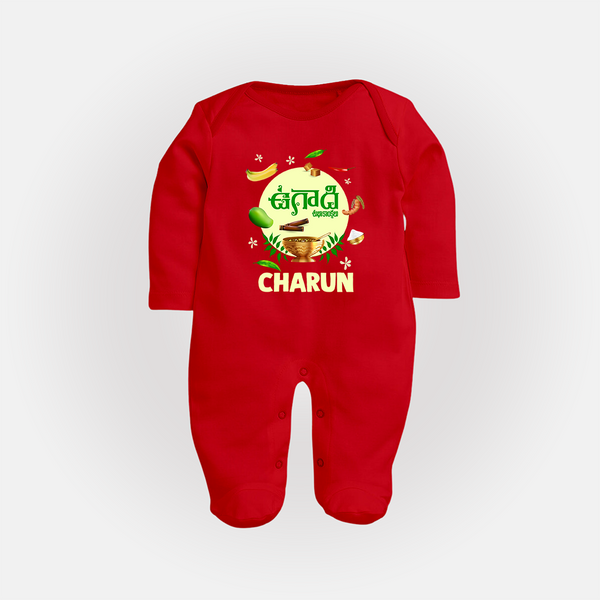 Ugadi Shubhakankshalu Telugu Kids fullbody Suit - RED - New Born (Chest 7.5")