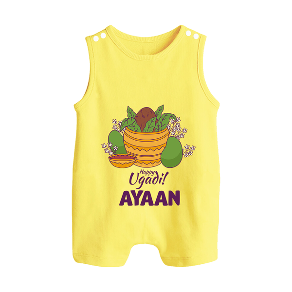 Happy Ugadi Personalized Kids Romper suit - PASTEL YELLOW - 0 - 5 Months Old (Chest 18")