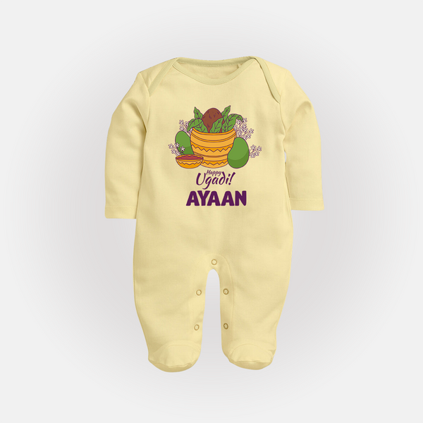 Happy Ugadi Personalized Kids fullbody Suit - PASTEL YELLOW - New Born (Chest 7.5")