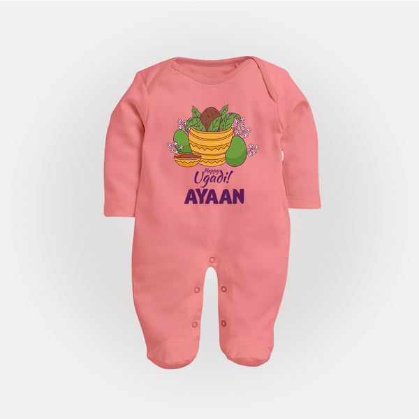 Happy Ugadi Personalized Kids fullbody Suit - PEACH - New Born (Chest 7.5")