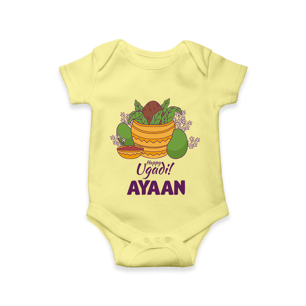 Happy Ugadi Personalized Kids Romper - PASTEL YELLOW - New Born (Chest 14")
