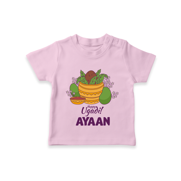 Happy Ugadi Personalized Kids T-Shirt - BABY PINK - 0-5 Months Old (Chest 17")