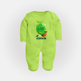Telugu Ugadi Wishes Kids fullbody Suit with Name - LIME GREEN - New Born (Chest 7.5")
