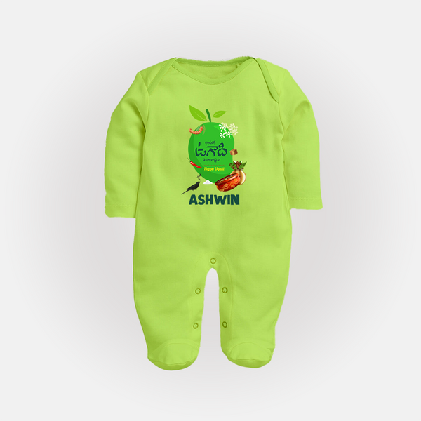 Telugu Ugadi Wishes Kids fullbody Suit with Name - LIME GREEN - New Born (Chest 7.5")