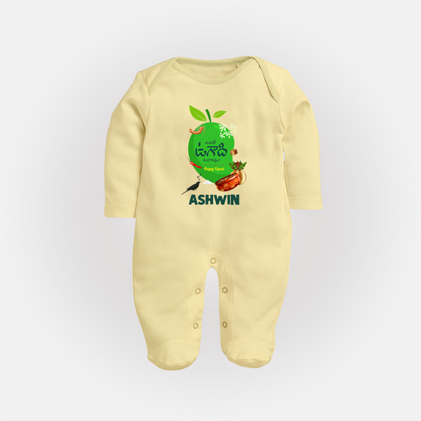Telugu Ugadi Wishes Kids fullbody Suit with Name - PASTEL YELLOW - New Born (Chest 7.5")