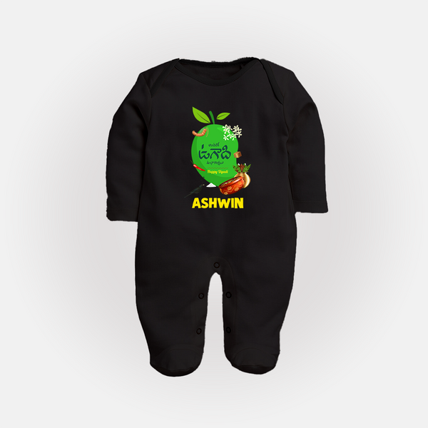 Telugu Ugadi Wishes Kids fullbody Suit with Name - BLACK - New Born (Chest 7.5")